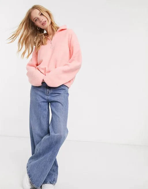 Weekday Maja half-zip fleece top in peach pink
