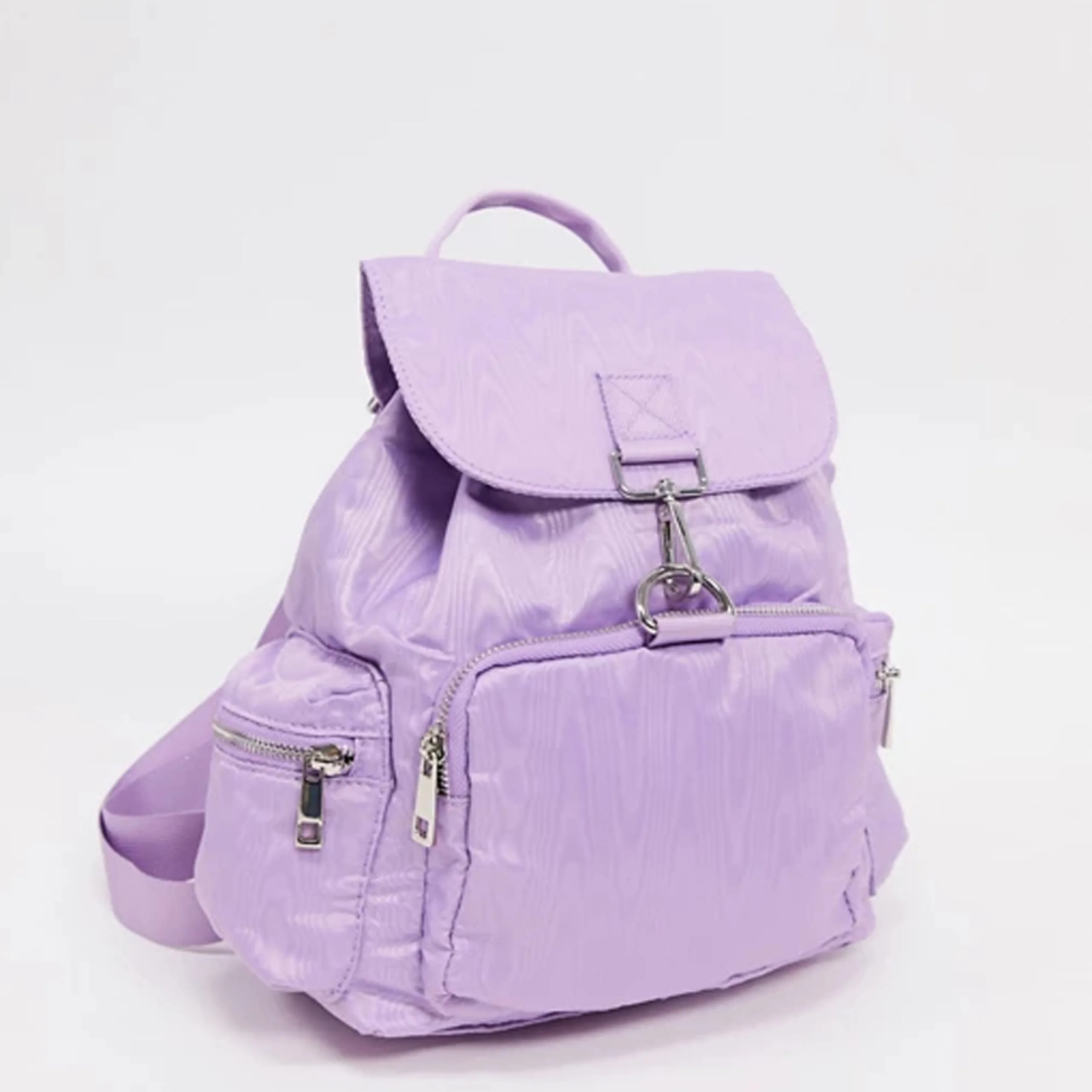 ASOS DESIGN backpack in lilac moire with dog-clips