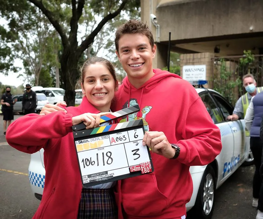 Nathalie Morris & Carlos Sanson Jr on set of Stan's Bump.