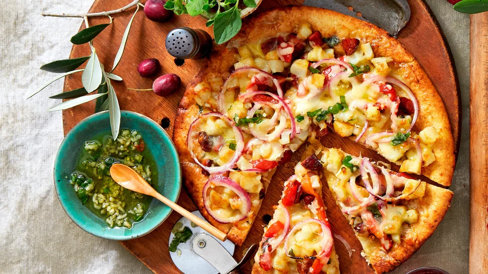 Spanish Potato, Chorizo and Capsicum Pizza