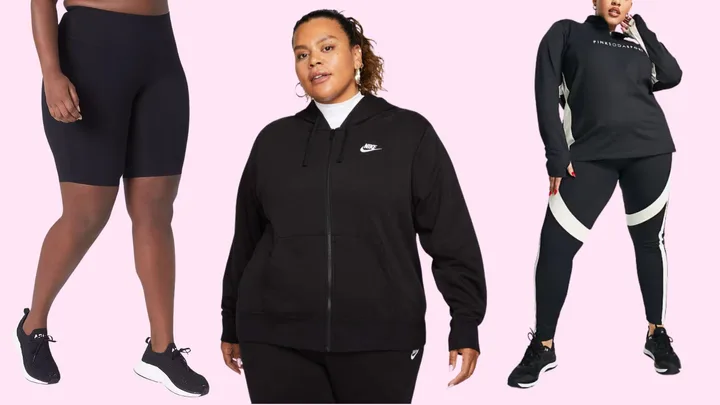 Three plus-size women modeling black activewear against a pink background.