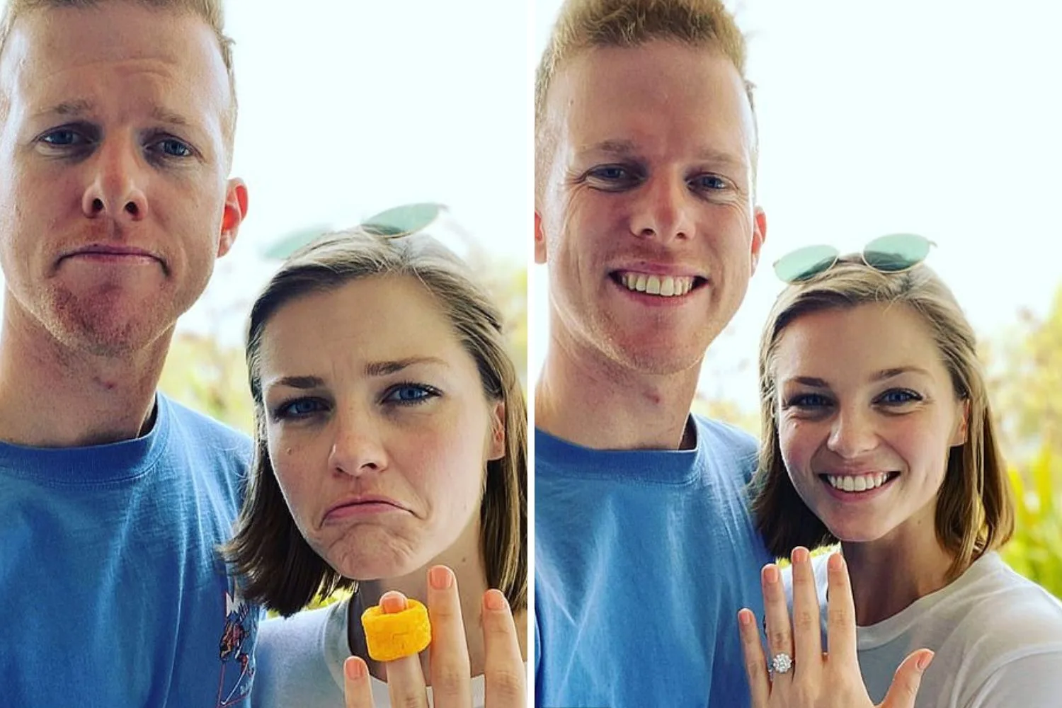 Adam Densten from Gogglebox stands next to his partner Rachel as she wears a Cheezel and then a diamond ring on her wedding finger