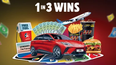 "Promo image showing car, cash, plane, fuel, Samsung TV, UNO cards, and food with '1 in 3 wins' text."