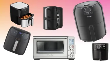 A range of air fryers on a pink and orange background