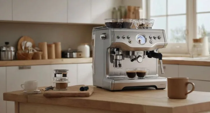 Sleek espresso machine on wooden counter, making two cups of coffee in a bright kitchen setting.