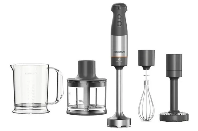 A Kenwood hand blender set with attachments: mixer, beaker, chopper, whisk, and masher in black and silver.