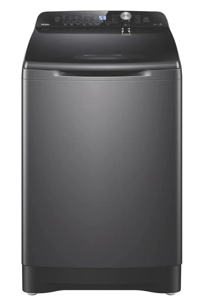"Haier top loader washing machine in black with control panel and digital display."
