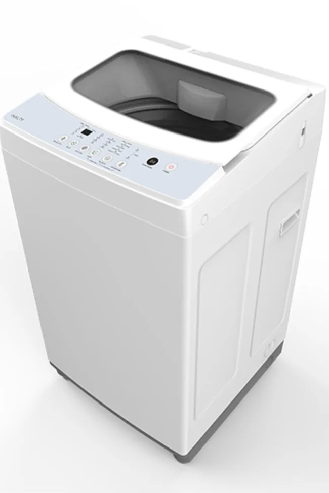 Top loader washing machine with control panel and open lid.