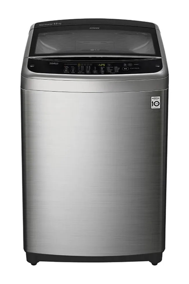 Silver top-loader washing machine with digital controls and an inverter motor badge.