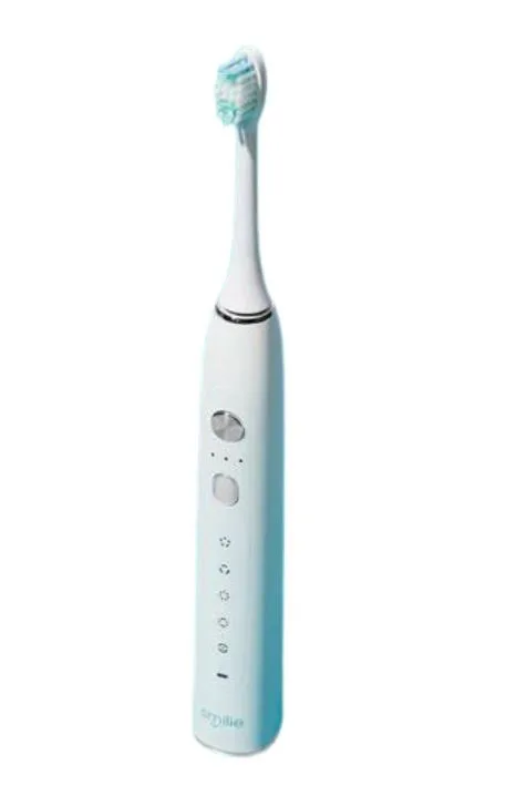 Electric toothbrush with a white body, blue bristles, and multiple buttons on the handle.