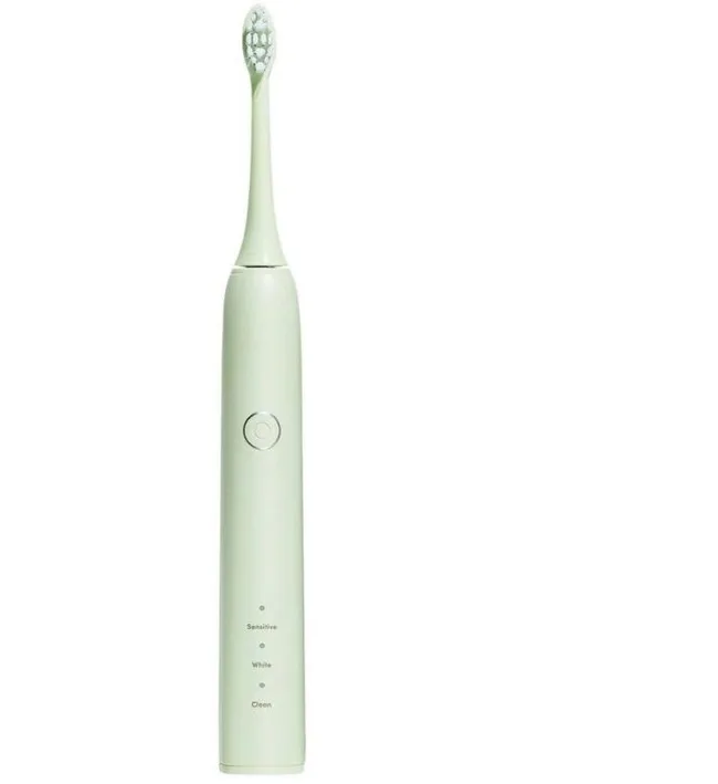 Electric toothbrush with a single button, soft bristles, and settings for sensitive, white, and clean modes.