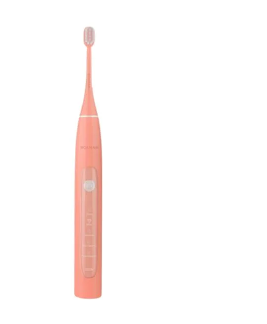 Coral-colored electric toothbrush standing upright, with a slim handle and soft bristles.
