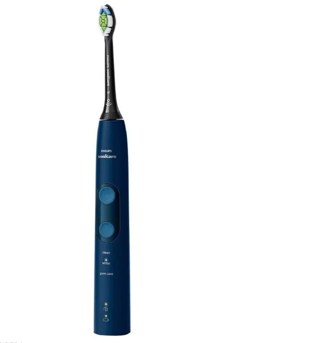 Philips Sonicare electric toothbrush with a dark blue handle and replaceable brush head.