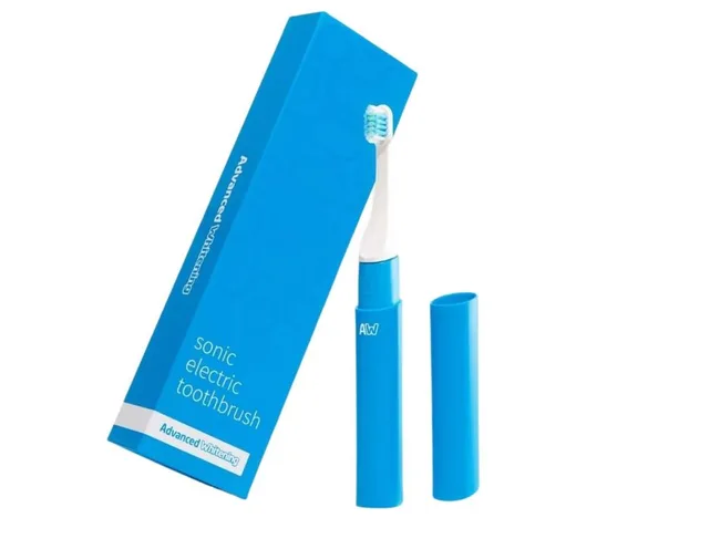 Blue sonic electric toothbrush with packaging labeled "Advanced Whitening."