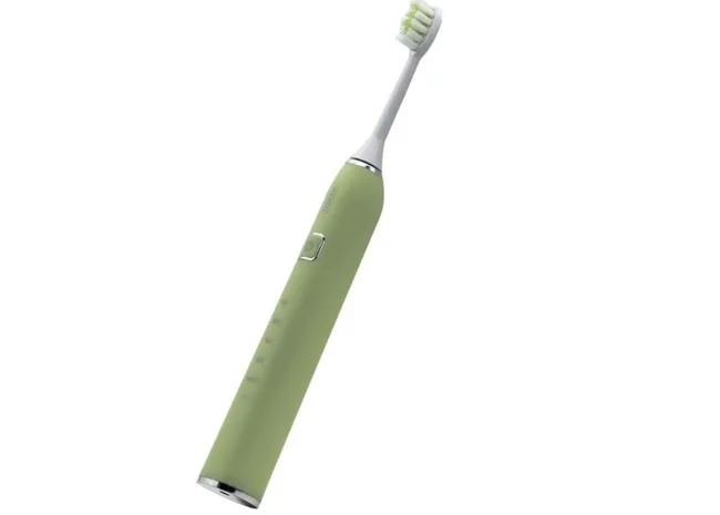 Green electric toothbrush with a sleek design and a button on the handle.