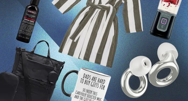 Gift ideas for Father's Day: Kiehl's face serum, striped robe, blender, Nike backpack, mug, and circular earphones.