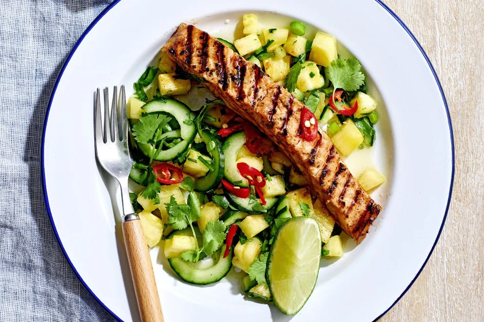 Thai Salmon with Pineapple Cucumber Salad Recipe | New Idea