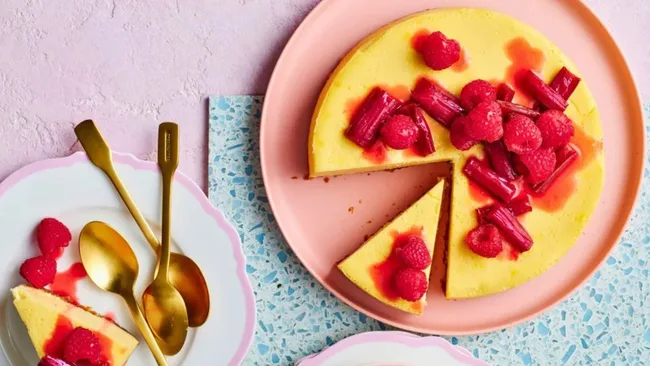 Berry Rhubarb Topped Cheesecake