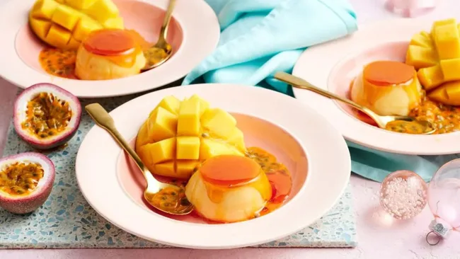 Passionfruit Creme Caramels with Mango