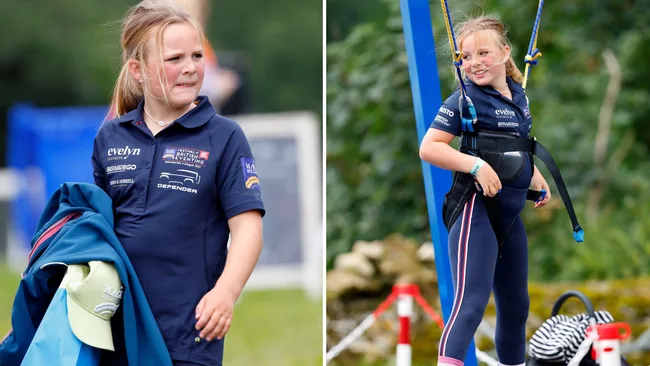 Girl in a navy polo holding a jacket; same girl in harness, smiling on a bungee trampoline.