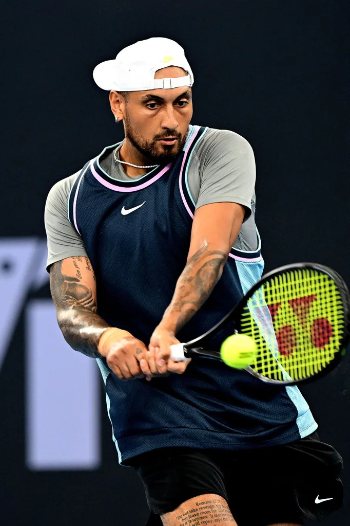 Nick Kyrgios of Australia plays a backhand in his match against Giovanni Mpetshi Perricard of France during day three of the 2025 Brisbane International