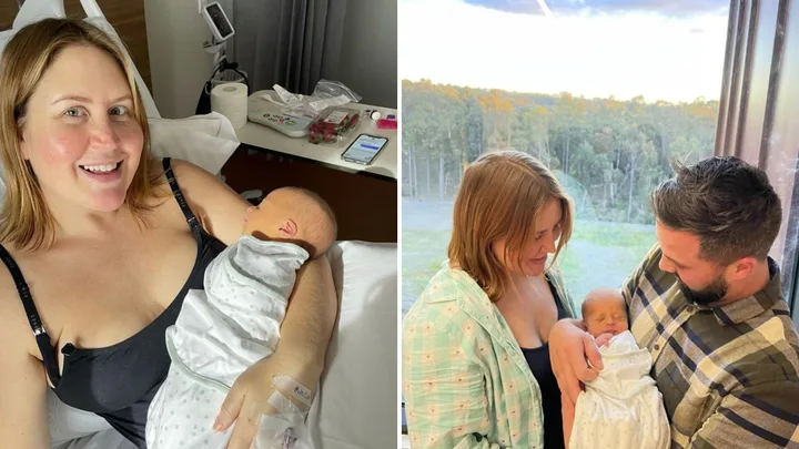Woman holding a newborn in a hospital; couple beside a window with a baby.