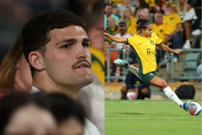 Alt text: "Two images; a close-up of a man with a mustache, and a female soccer player in action on the field."
