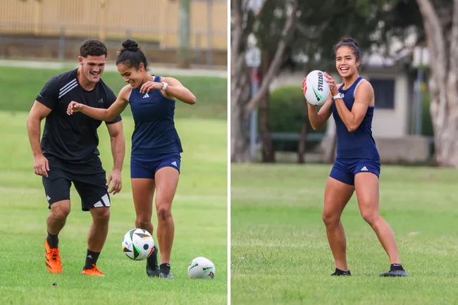 A man and woman play soccer and rugby on a grassy field, both wearing sports attire and smiling.