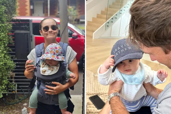 Mom with baby in carrier and hat outdoors; baby with cap indoors looking at adult.