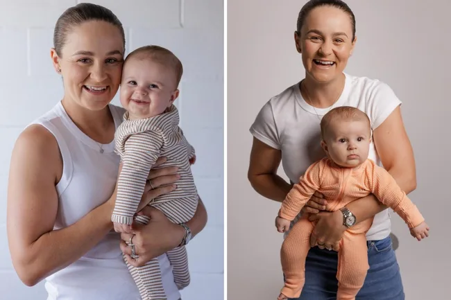 Woman smiling and holding a baby, both pictured in casual outfits in two side-by-side photos.