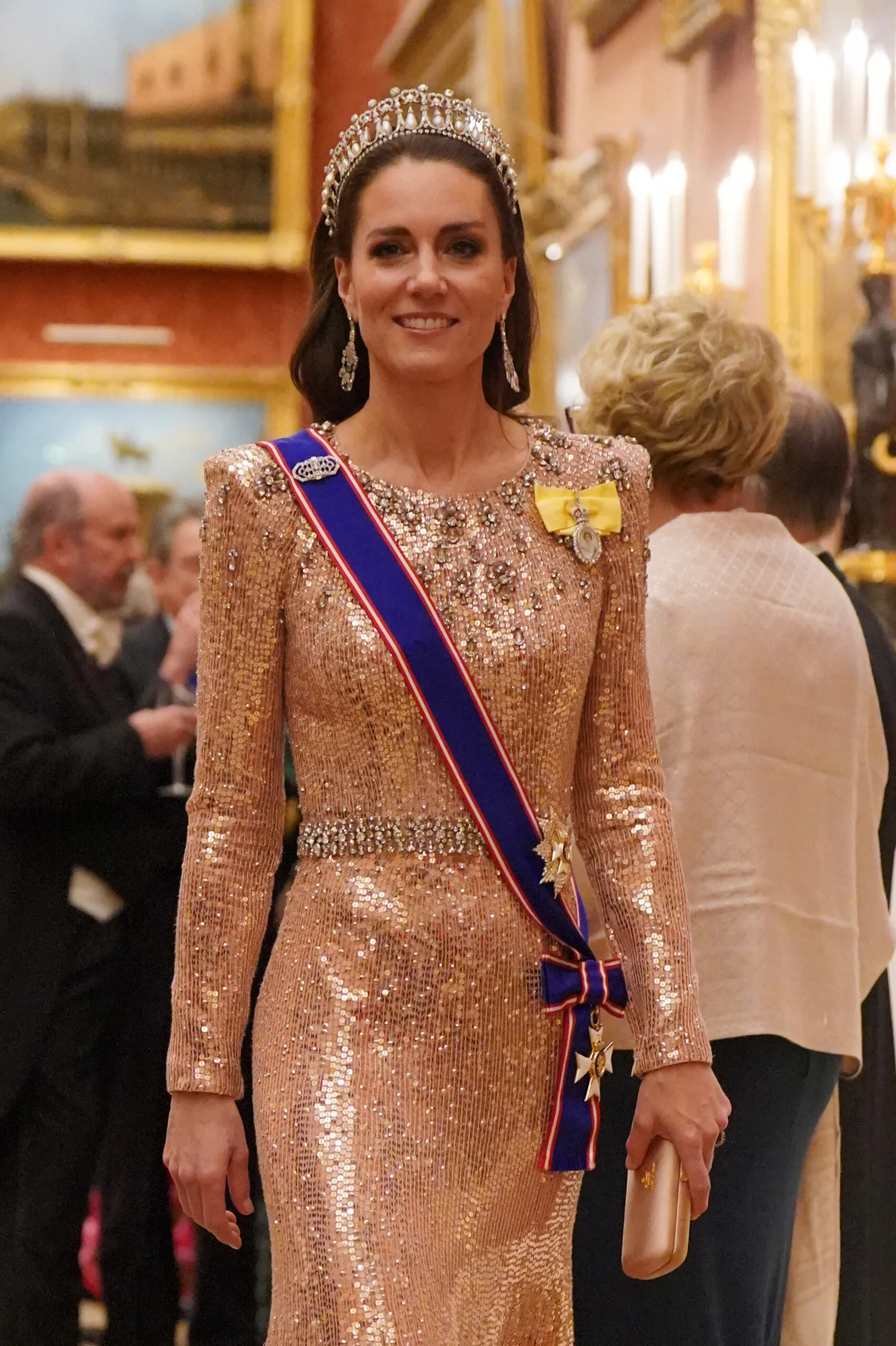 kate middleton sequin dress blue ribbon sash