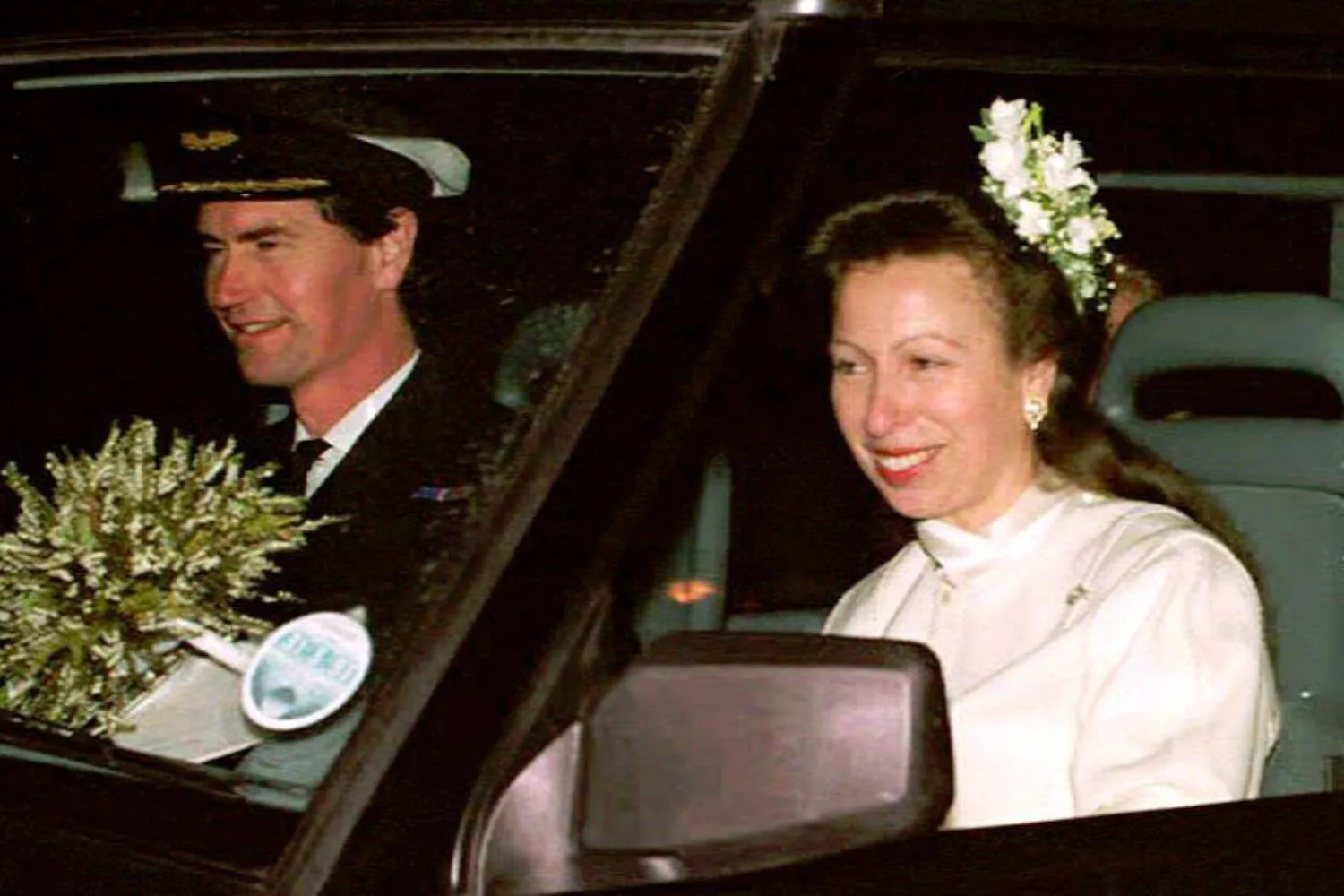 princess anne and husband timothy laurence wedding day in car