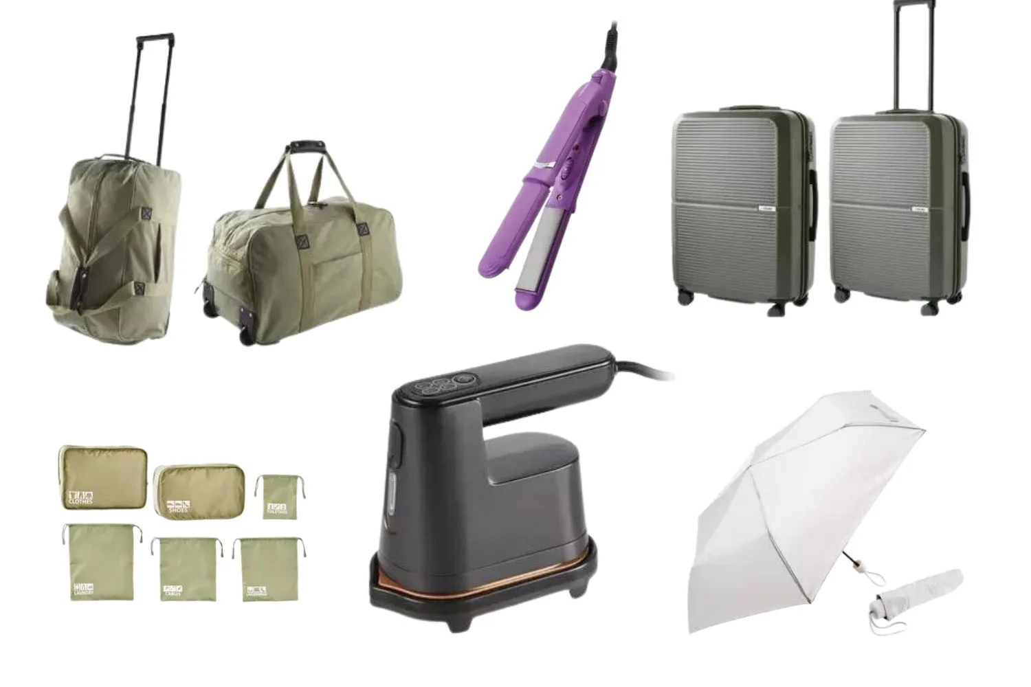 aldi special buys products travel organisers steam iron umbrella hard shell suitcase hair straightener and rolling duffle bag