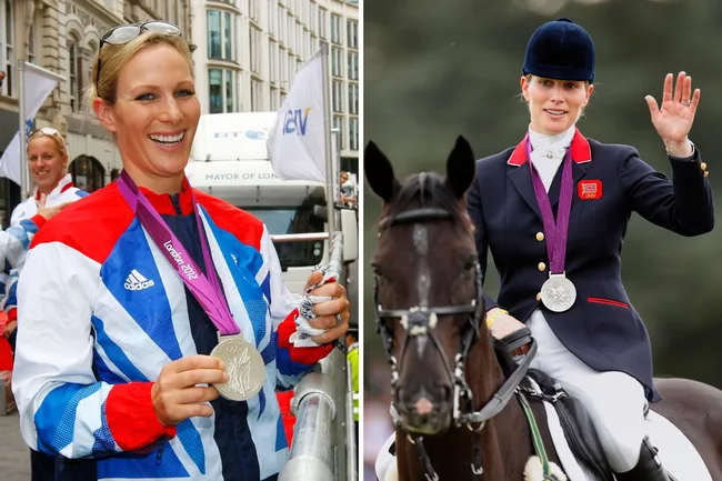 Two images: a woman holding an Olympic medal in UK colors; another woman on horseback, wearing equestrian attire with a medal.
