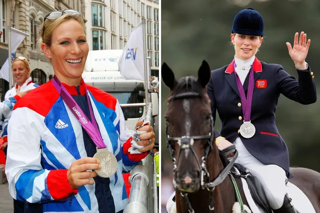 Two images: a woman holding an Olympic medal in UK colors; another woman on horseback, wearing equestrian attire with a medal.