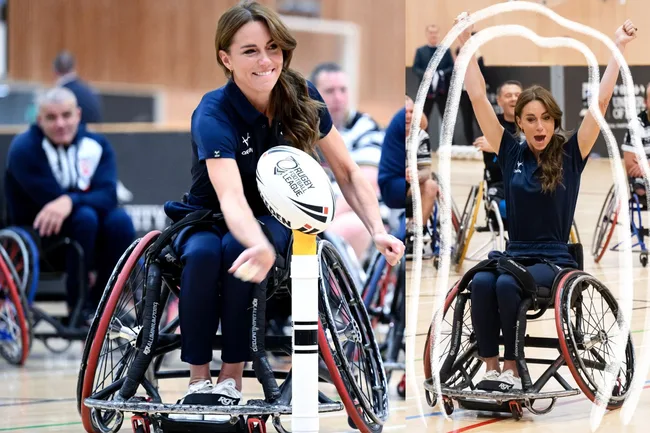 Kate Middleton playing wheelchair rugby, smiling and celebrating with arms raised.