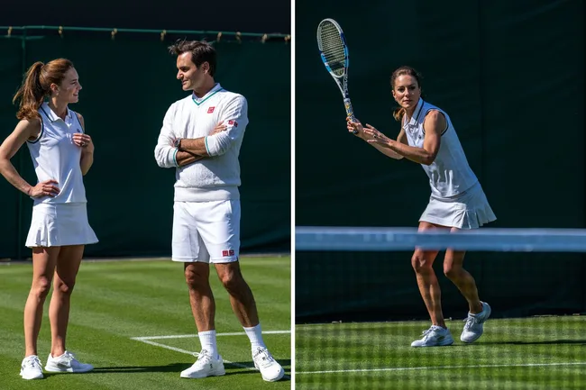 "Two people in tennis attire on court: one talking, one in action position, holding a racket."