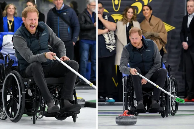 Royal family member playing wheelchair curling, smiling and focused, surrounded by onlookers in an indoor arena.