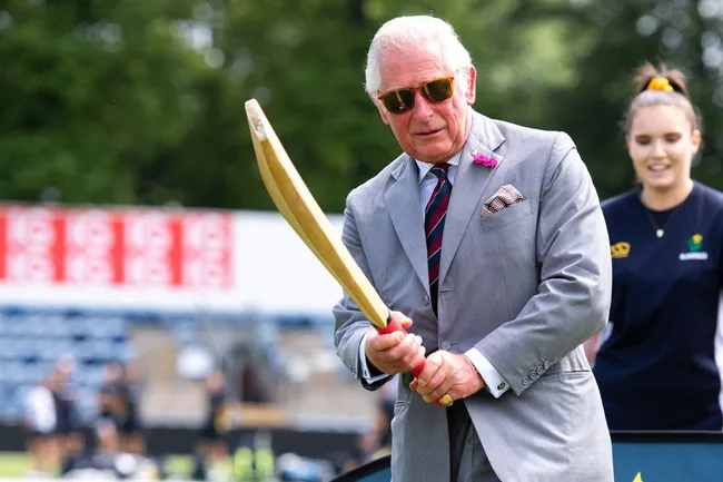 Royal family member playing cricket, wearing a suit and sunglasses, holding a cricket bat with a smiling onlooker.