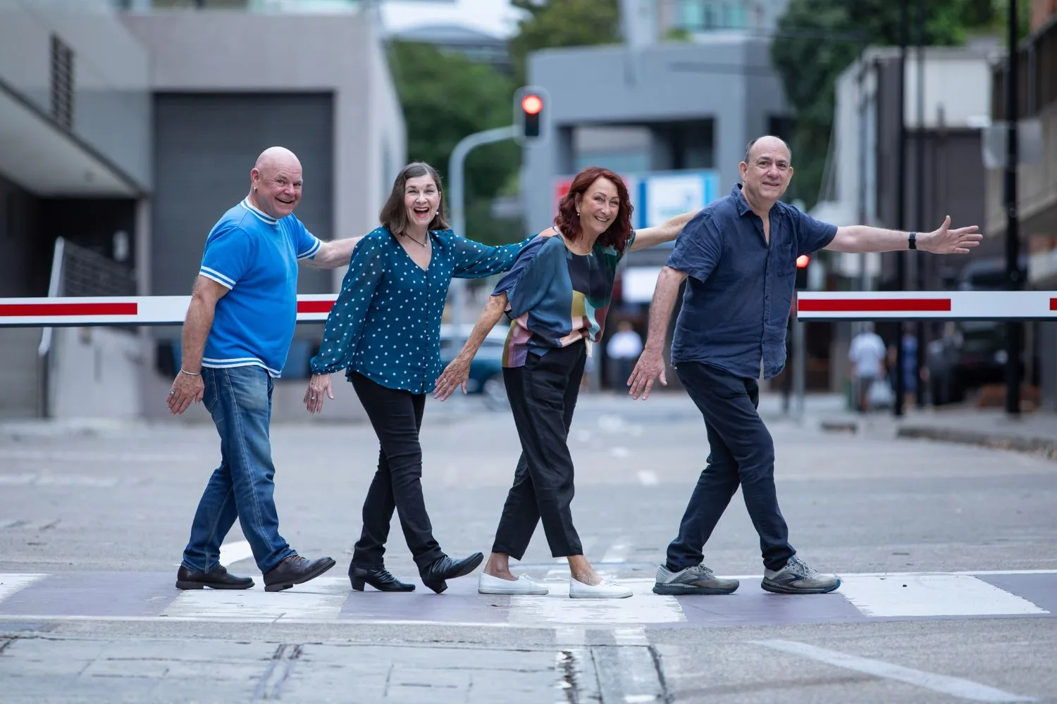 laurence coy meredity o'reilly lynne mcgranger and andrew james posing as the beatles on the street