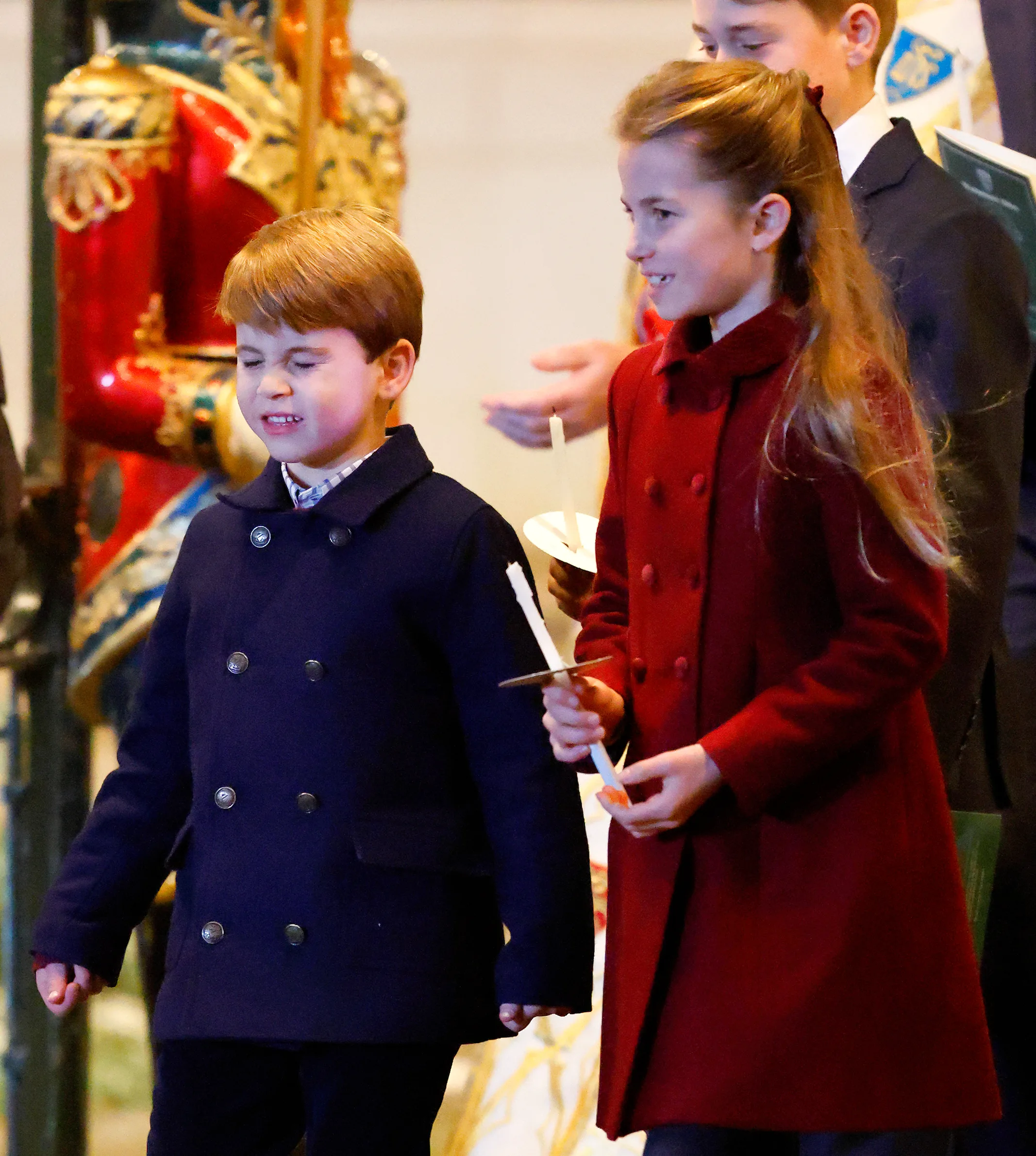 LONDON, UNITED KINGDOM - DECEMBER 08: (EMBARGOED FOR PUBLICATION IN UK NEWSPAPERS UNTIL 24 HOURS AFTER CREATE DATE AND TIME) Prince Louis of Wales and Princess Charlotte of Wales attend The 'Together At Christmas' Carol Service at Westminster Abbey on December 8, 2023 in London, England. Spearheaded by The Princess of Wales, linked to her Shaping Us campaign and supported by The Royal Foundation, the service is a moment to bring people together at Christmas time and recognise those who have gone above and beyond to help others throughout the year. (Photo by Max Mumby/Indigo/Getty Images)