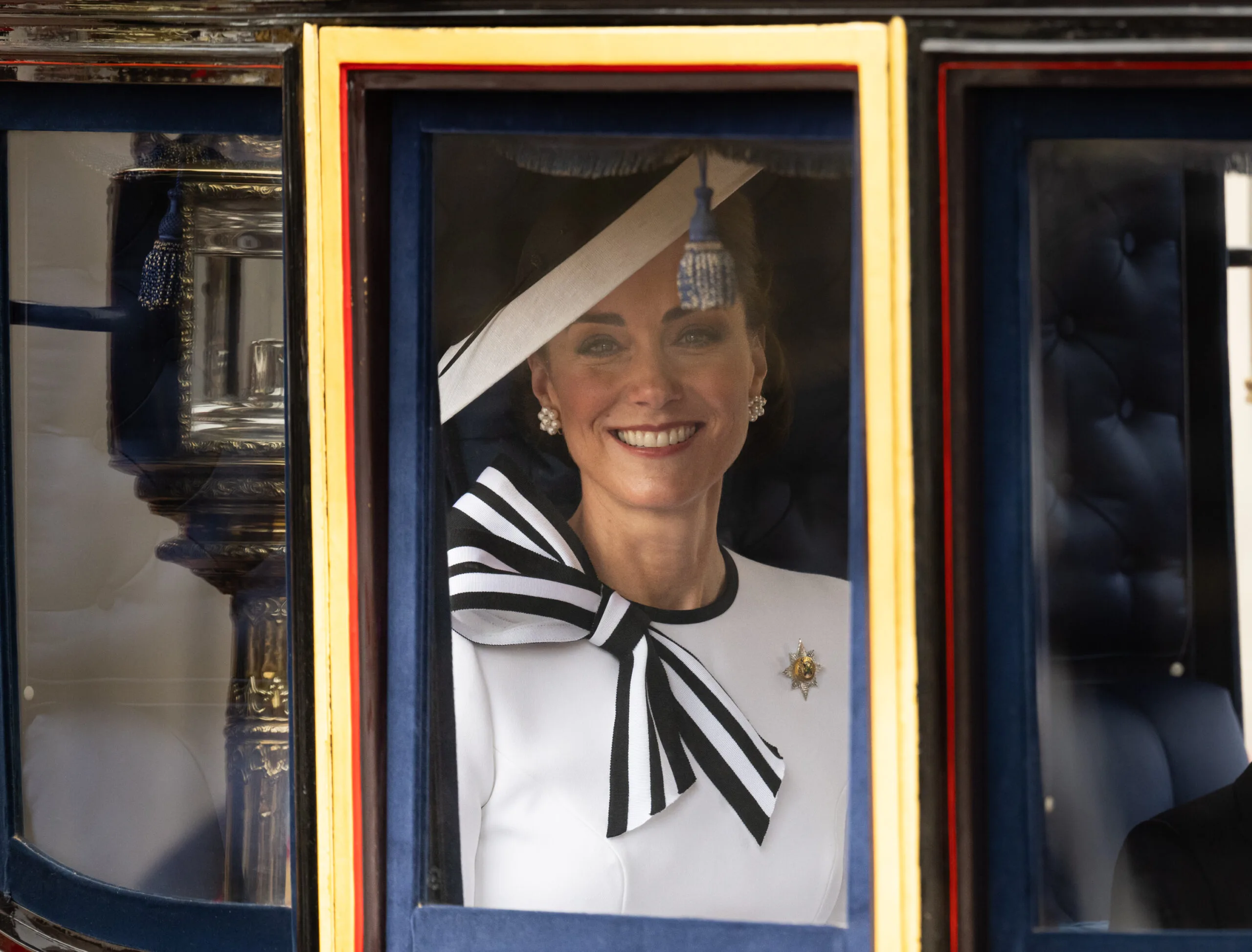 LONDON, ENGLAND - JUNE 15: Catherine, Princess of Wales during Trooping the Colour on June 15, 2024 in London, England. Trooping the Colour is a ceremonial parade celebrating the official birthday of the British Monarch. The event features over 1,400 soldiers and officers, accompanied by 200 horses. More than 400 musicians from ten different bands and Corps of Drums march and perform in perfect harmony. (Photo by Samir Hussein/WireImage)