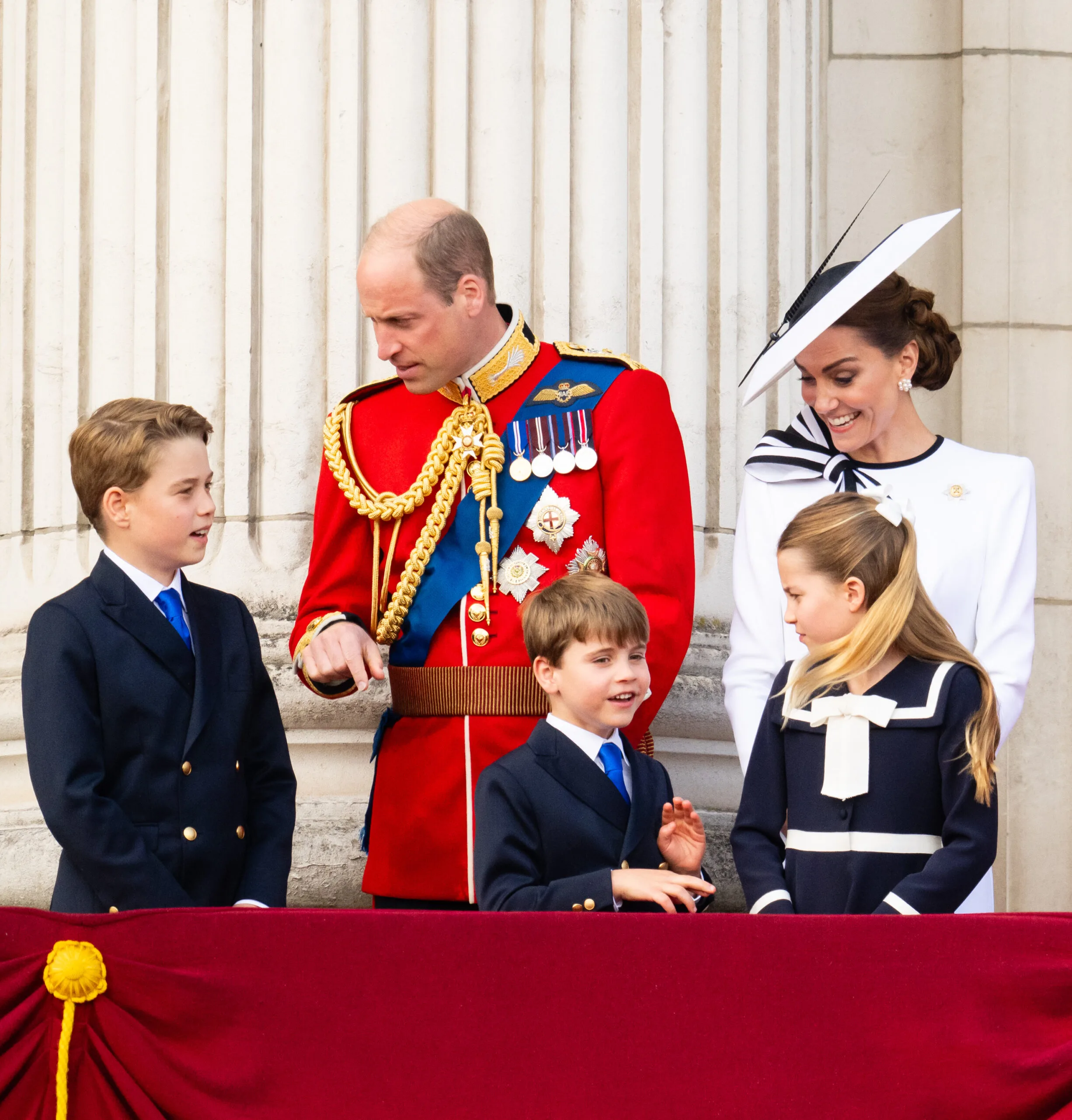 LONDON, ENGLAND - JUNE 15: Prince George of Wales, Prince William, Prince of Wales, Prince Louis of Wales, Princess Charlotte of Wales and Catherine, Princess of Wales during Trooping the Colour on June 15, 2024 in London, England. Trooping the Colour is a ceremonial parade celebrating the official birthday of the British Monarch. The event features over 1,400 soldiers and officers, accompanied by 200 horses. More than 400 musicians from ten different bands and Corps of Drums march and perform in perfect harmony. (Photo by Samir Hussein/WireImage)