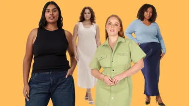 Diverse women posing in fashionable outfits against a vibrant yellow background.