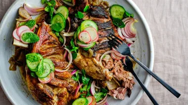 Slow-Baked Harissa Lamb with Cucumber and Radish Salsa