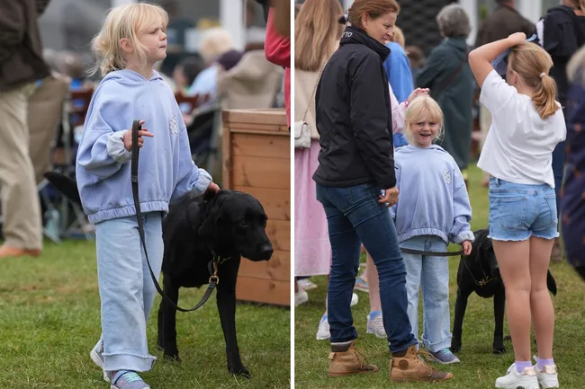 A child in a blue hoodie holding a black dog on a leash at an outdoor event.