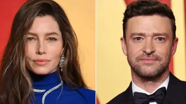 Two people are pictured against a red and yellow background; one wears a blue outfit, the other a dark suit.