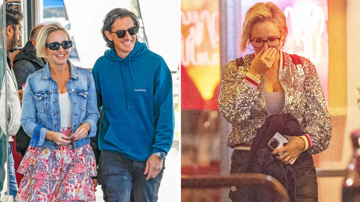 Two images: Left - woman in denim jacket with man in blue hoodie. Right - same woman in sequin jacket holding phone.