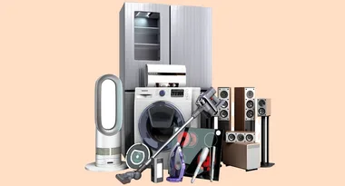 Various home appliances including a fridge, washing machine, speakers, vacuum, and air purifier on a beige background.