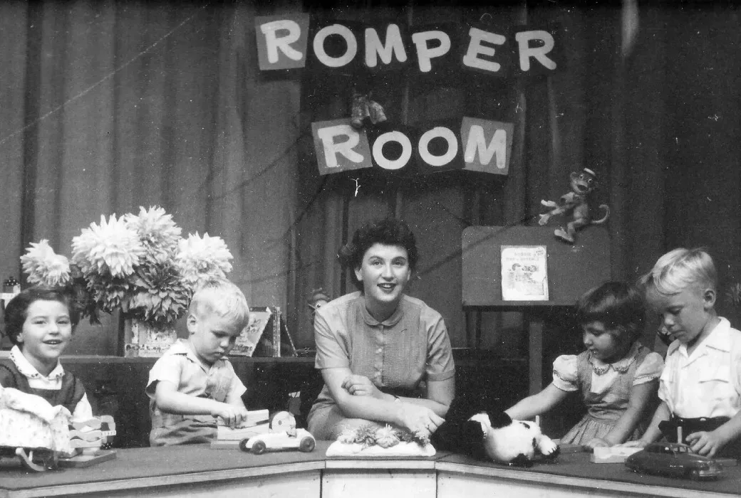 dawn kenyon hosting romper room with a group of children in the 1950s.